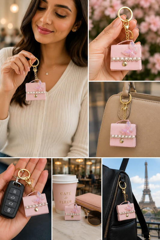 Luxury Baby Pink Mini Handbag Keychain for Women & Girls | Butterfly Pearl Bag Charm | Cute Purse Key Ring | Handbag & Car Key Accessory Astria Jewellery