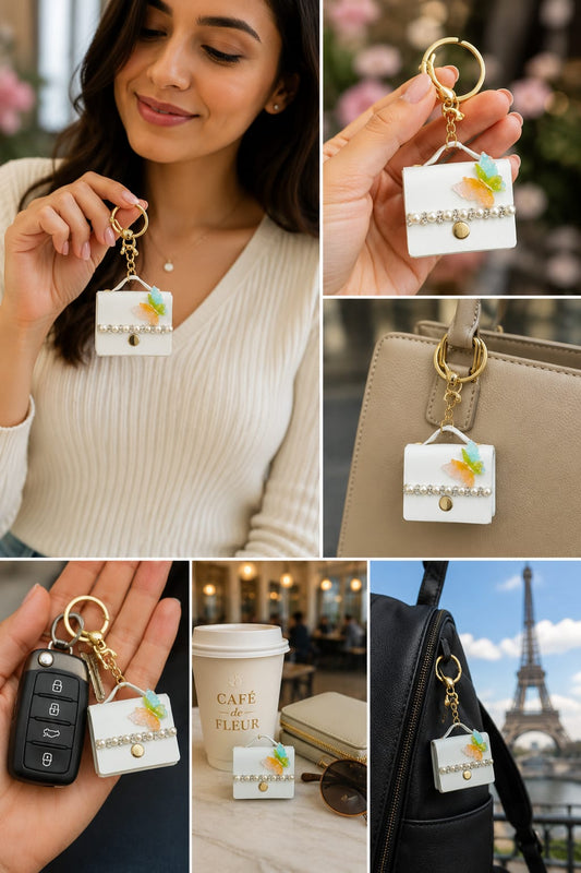 Luxury White Mini Handbag Keychain for Women & Girls | Colorful Butterfly Pearl Bag Charm | Cute Purse Key Ring | Handbag & Car Key Accessory Astria Jewellery