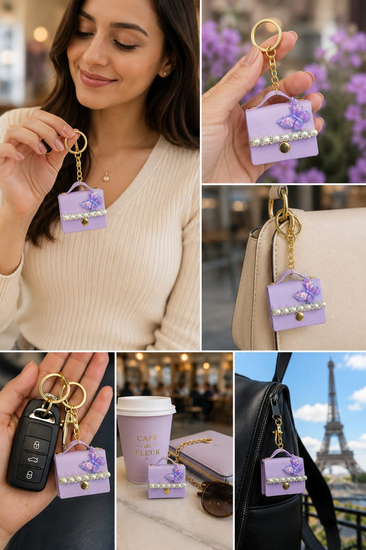 Luxury Lavender Mini Handbag Keychain for Women & Girls | Butterfly Pearl Bag Charm | Cute Purse Key Ring | Handbag & Car Key Accessory Astria Jewellery