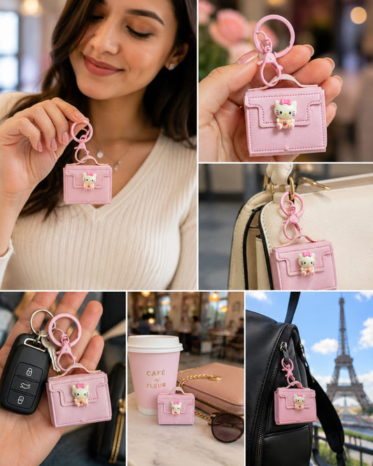 Cute Pink Kitty Mini Handbag Keychain for Women & Girls | Kawaii Purse Bag Charm | Cartoon Handbag Key Ring | Backpack & Car Key Accessory Astria Jewellery