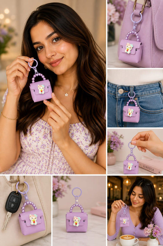 Cute Purple Mini Handbag Keychain for Women & Girls | Kawaii Cartoon Purse Bag Charm | Silicone Handbag Key Ring | Backpack & Car Key Accessory Astria Jewellery