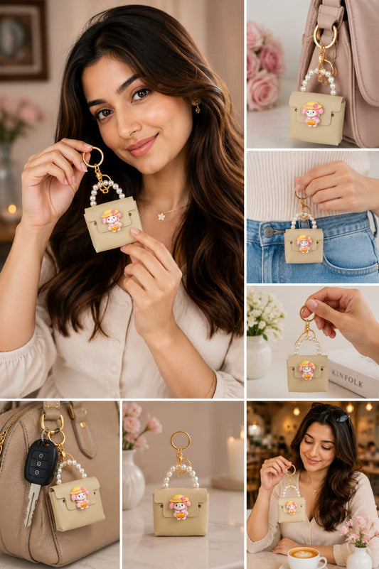 Cute Beige Mini Handbag Keychain for Women & Girls | Cartoon Purse Bag Charm with Pearl Handle | Silicone Key Ring | Backpack & Car Key Accessory Astria Jewellery