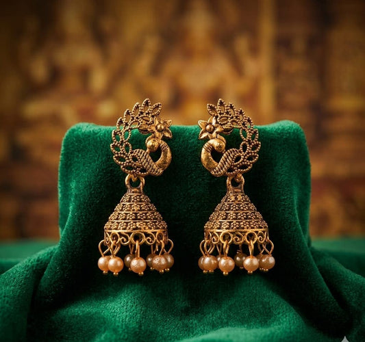 Traditional Peacock Design Studded Jhumka Earrings with Pearl Hanging ASTRIA JEWELLERY