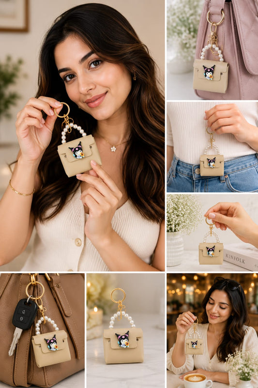 Cute Beige Cartoon Mini Handbag Keychain for Women & Girls | Kawaii Purse Bag Charm with Pearl Handle | Silicone Key Ring | Backpack & Car Key Accessory Astria Jewellery