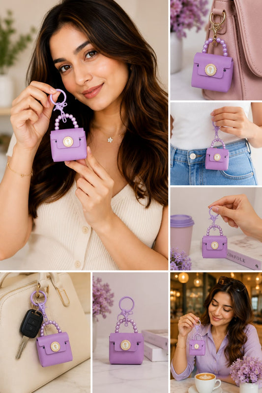 Luxury Purple Mini Handbag Keychain for Women & Girls | Pearl Handle Purse Bag Charm | Cute Silicone Key Ring | Backpack & Car Key Accessory Astria Jewellery