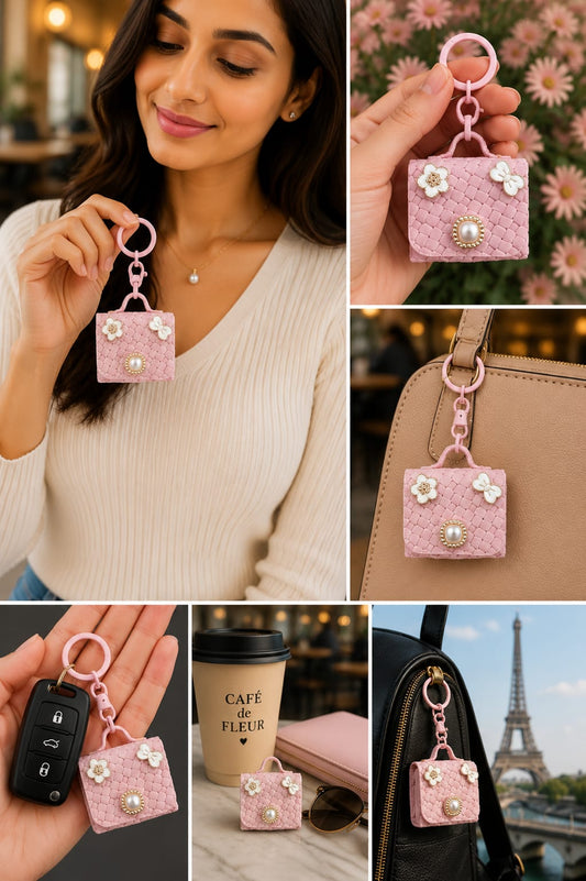 Cute Pink Mini Handbag Keychain for Women & Girls | Luxury Purse Bag Charm | Floral Pearl Key Ring | Car & Handbag Accessory Astria Jewellery