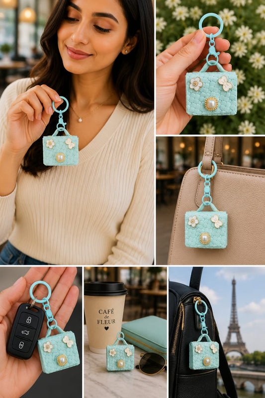 Cute Blue Mini Handbag Keychain for Women & Girls | Luxury Purse Bag Charm | Floral Pearl Key Ring | Car & Handbag Accessory Astria Jewellery