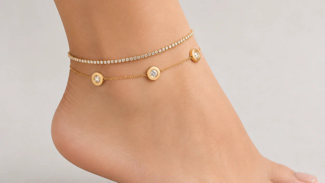 Double Layer Crystal Anklet for Women | Gold Bezel Charm Anklet | Elegant Minimalist Foot Chain Astria Jewellery
