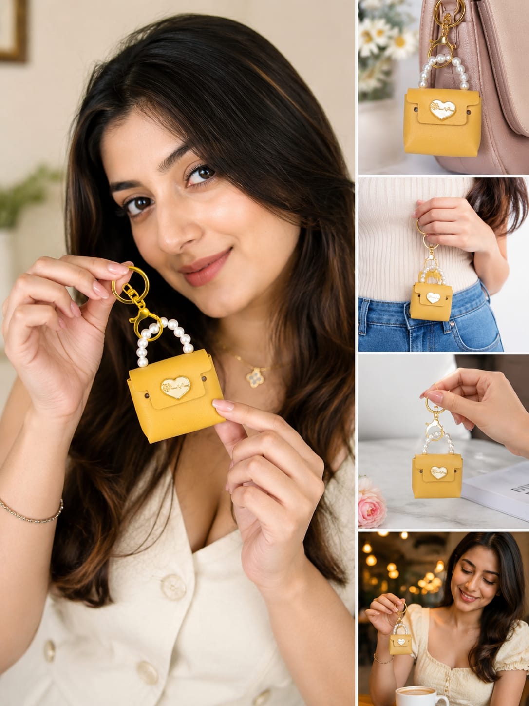 Luxury Yellow Mini Handbag Keychain for Women & Girls | Pearl Handle Purse Bag Charm | Cute Silicone Key Ring | Handbag, Backpack & Car Key Accessory Astria Jewellery