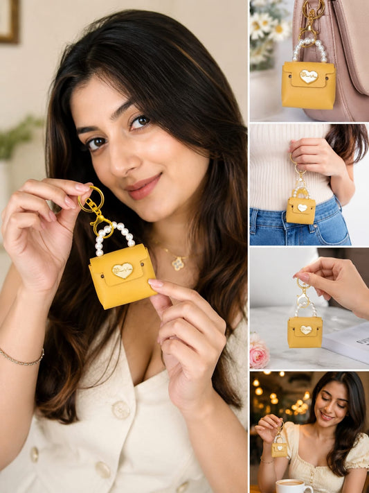 Luxury Yellow Mini Handbag Keychain for Women & Girls | Pearl Handle Purse Bag Charm | Cute Silicone Key Ring | Handbag, Backpack & Car Key Accessory Astria Jewellery