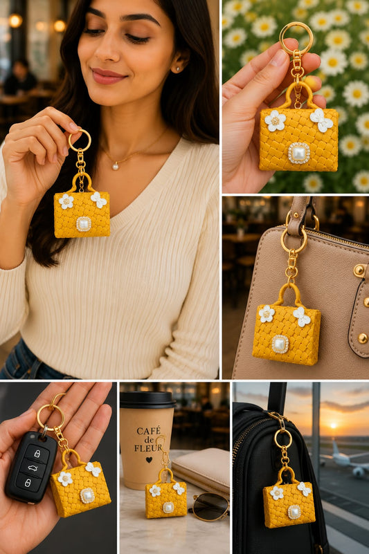 Luxury Yellow Woven Mini Handbag Keychain for Women & Girls | Floral Purse Bag Charm | Cute Silicone Key Ring | Handbag, Backpack & Car Key Accessory Astria Jewellery