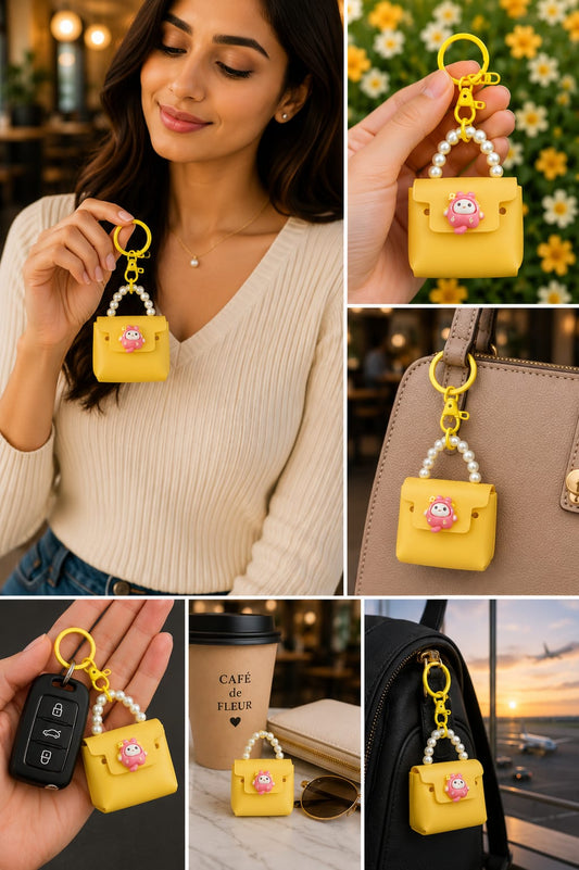 Cute Yellow Mini Handbag Keychain for Women & Girls | Pearl Handle Silicone Purse Bag Charm | Kawaii Key Ring for Handbag, Backpack & Car Keys Astria Jewellery