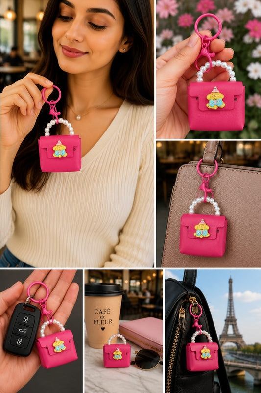 Cute Pink Mini Handbag Keychain for Women & Girls | Pearl Handle Silicone Purse Bag Charm | Kawaii Cartoon Key Ring for Handbag, Backpack & Car Keys Astria Jewellery