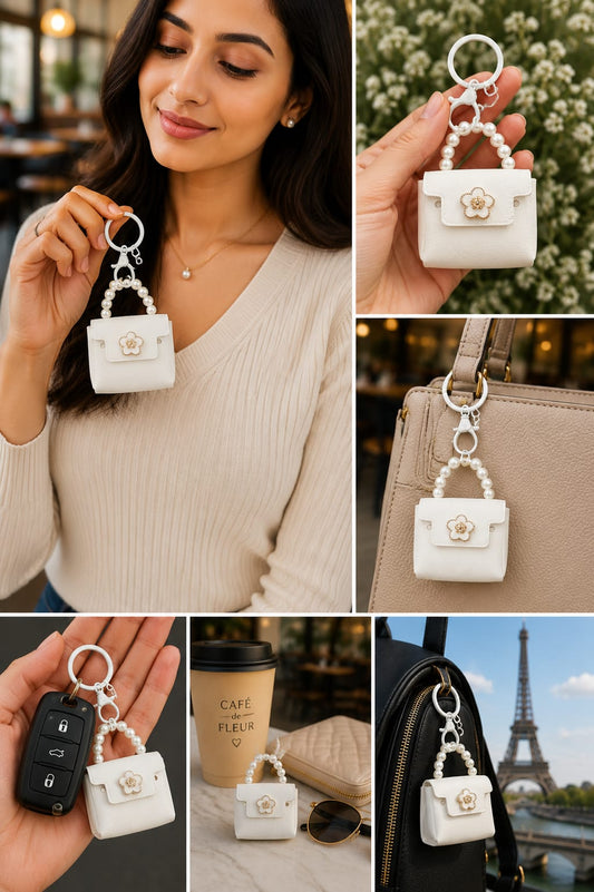 Elegant White Mini Handbag Keychain for Women & Girls | Pearl Handle Silicone Purse Bag Charm | Floral Key Ring for Handbag, Backpack & Car Keys Astria Jewellery