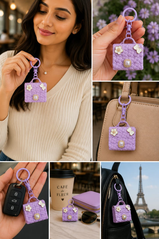 Cute Purple Mini Handbag Keychain for Women & Girls | Luxury Purse Bag Charm | Floral Pearl Key Ring | Car & Handbag Accessory Astria Jewellery