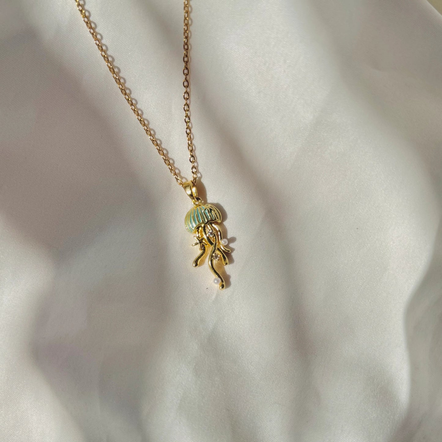 Gold Jellyfish Pendant Necklace for Women | Ocean-Inspired Pearl & Crystal Necklace | Elegant Snake Chain Necklace Astria Jewellery