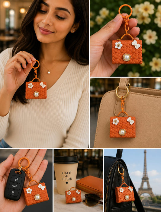Cute Orange Mini Handbag Keychain for Women & Girls | Luxury Purse Bag Charm | Floral Pearl Key Ring | Car & Handbag Accessory Astria Jewellery