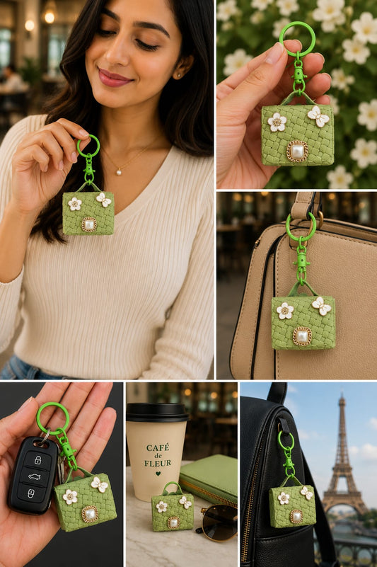 Cute Green Mini Handbag Keychain for Women & Girls | Luxury Purse Bag Charm | Floral Pearl Key Ring | Car & Handbag Accessory Astria Jewellery
