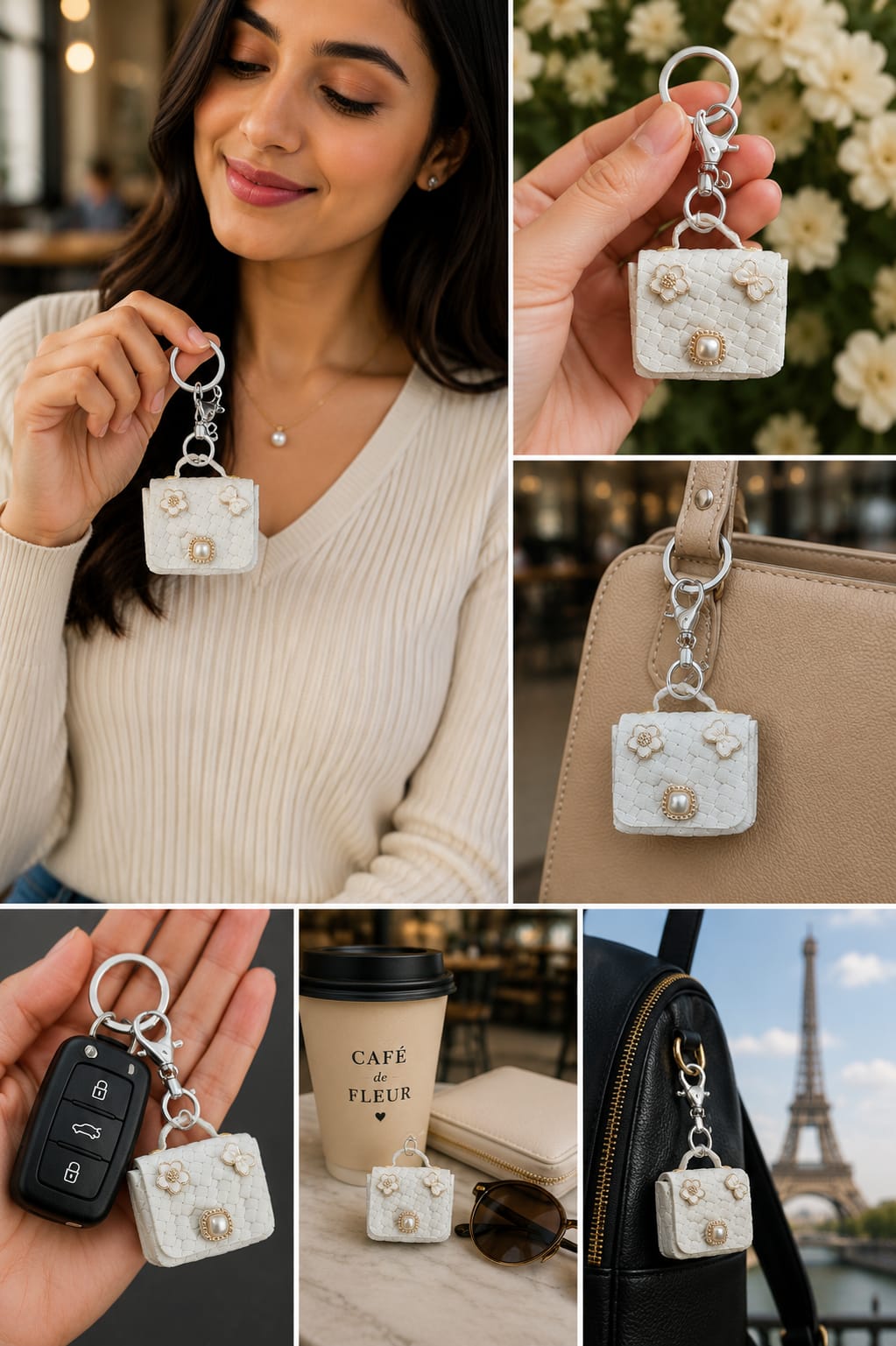 Elegant White Mini Handbag Keychain for Women & Girls | Luxury Purse Bag Charm | Floral Pearl Key Ring | Car & Handbag Accessory