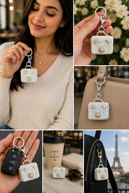 Elegant White Mini Handbag Keychain for Women & Girls | Luxury Purse Bag Charm | Floral Pearl Key Ring | Car & Handbag Accessory Astria Jewellery