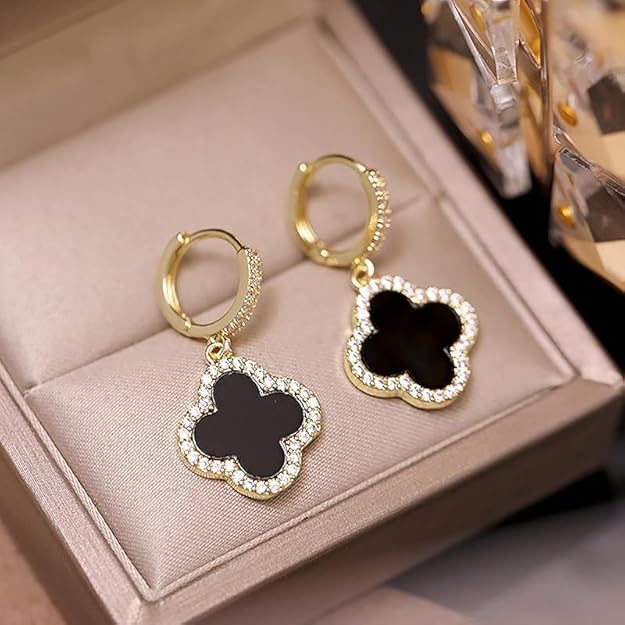 Astria Jewellery Black Clover Drop Hoop Earrings with Crystal Border for Women Astria Jewellery