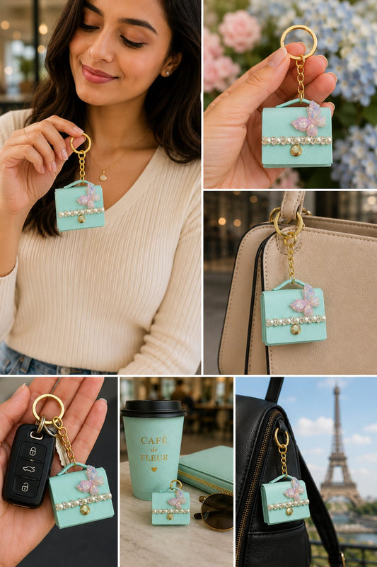 Luxury Blue Mini Handbag Keychain for Women & Girls | Butterfly Pearl Bag Charm | Cute Purse Key Ring | Handbag & Car Key Accessory Astria Jewellery