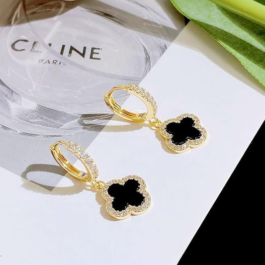 Astria Jewellery Black Clover Drop Hoop Earrings with Crystal Border for Women Astria Jewellery