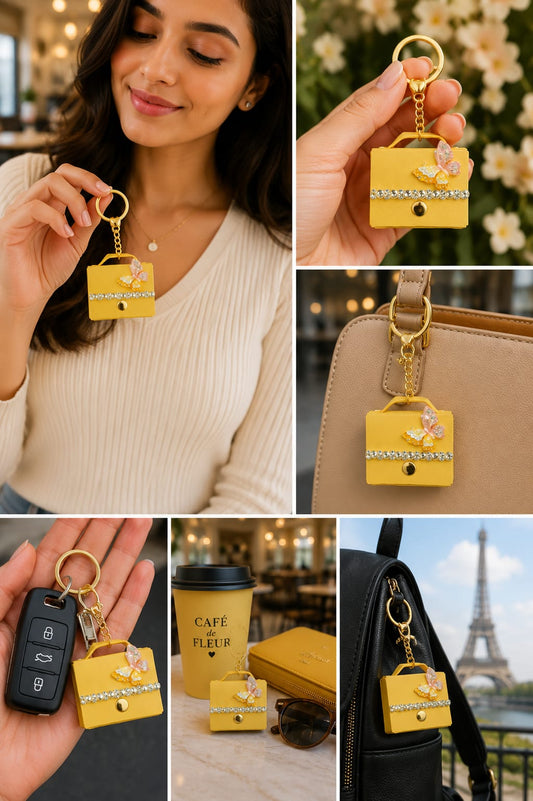 Luxury Yellow Mini Handbag Keychain for Women & Girls | Butterfly Bag Charm with Rhinestones | Cute Purse Key Ring | Handbag & Car Key Accessory Astria Jewellery