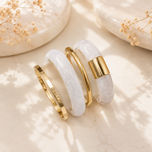 Luxury White Resin & Gold Cuff Bangle Set for Women | Minimalist Statement Bracelet | Premium Fashion Jewelry Astria Jewellery