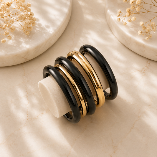 Luxury Black Resin & Gold Bangle Set for Women | Stackable Statement Bracelet Set | Premium Fashion Jewelry Astria Jewellery