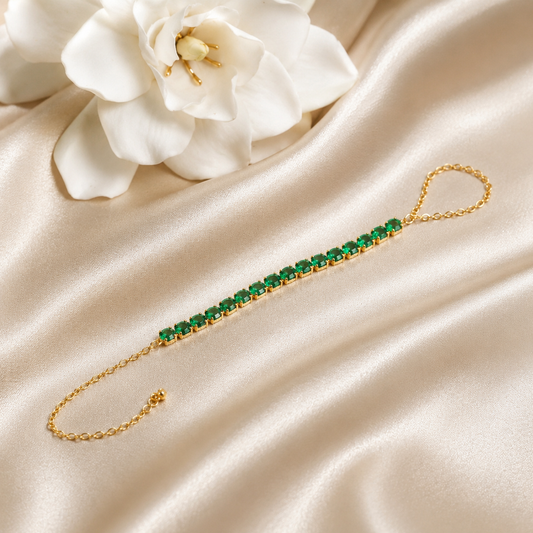 Emerald Green CZ Stone Gold Hathphool Hand Chain | Adjustable Finger Bracelet for Women Astria Jewellery