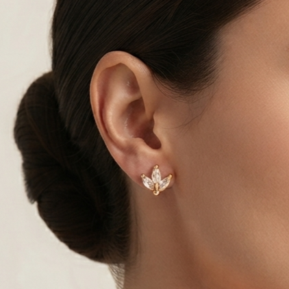 Gold CZ Leaf Stud Earrings for Women | Anti-Tarnish Crystal Floral Earrings Astria Jewellery