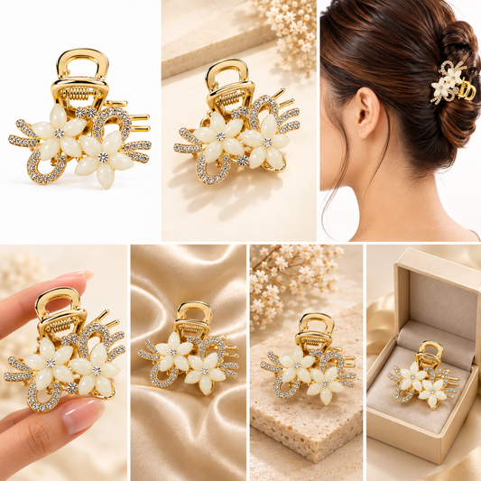 Luxury Gold-Tone White Floral Crystal Hair Claw Clip for Women Astria Jewellery