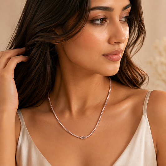 Rose Gold CZ Tennis Necklace for Women | Anti-Tarnish Stainless Steel Crystal Chain Astria Jewellery