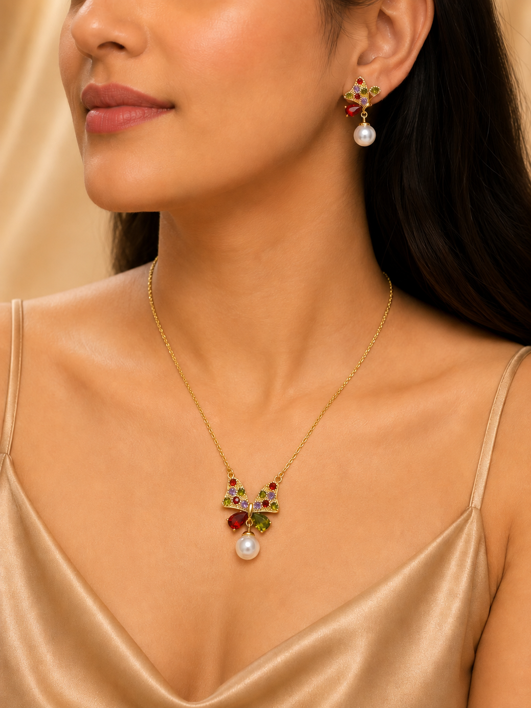 Butterfly Pearl Necklace & Earrings Set with Multicolor Crystal Stones Astria Jewellery