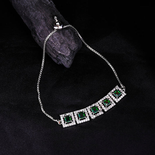 Astria Jewellery Silver Plated Green Stone Adjustable Bracelet for Women | Square Crystal Link Bracelet with Sliding Clasp | Elegant Party Wear Jewellery Astria Jewellery