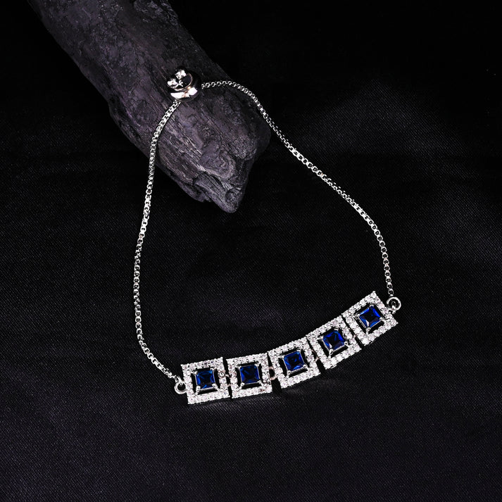 Astria Jewellery Silver Plated Blue Stone Adjustable Bracelet for Women | Square Crystal Link Bracelet with Sliding Clasp | Elegant Party Wear Jewellery Astria Jewellery