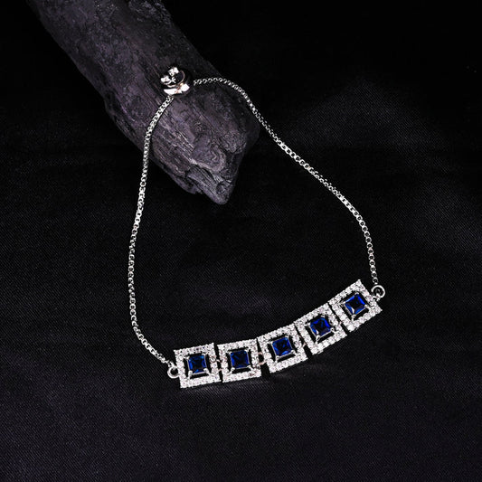 Astria Jewellery Silver Plated Blue Stone Adjustable Bracelet for Women | Square Crystal Link Bracelet with Sliding Clasp | Elegant Party Wear Jewellery Astria Jewellery