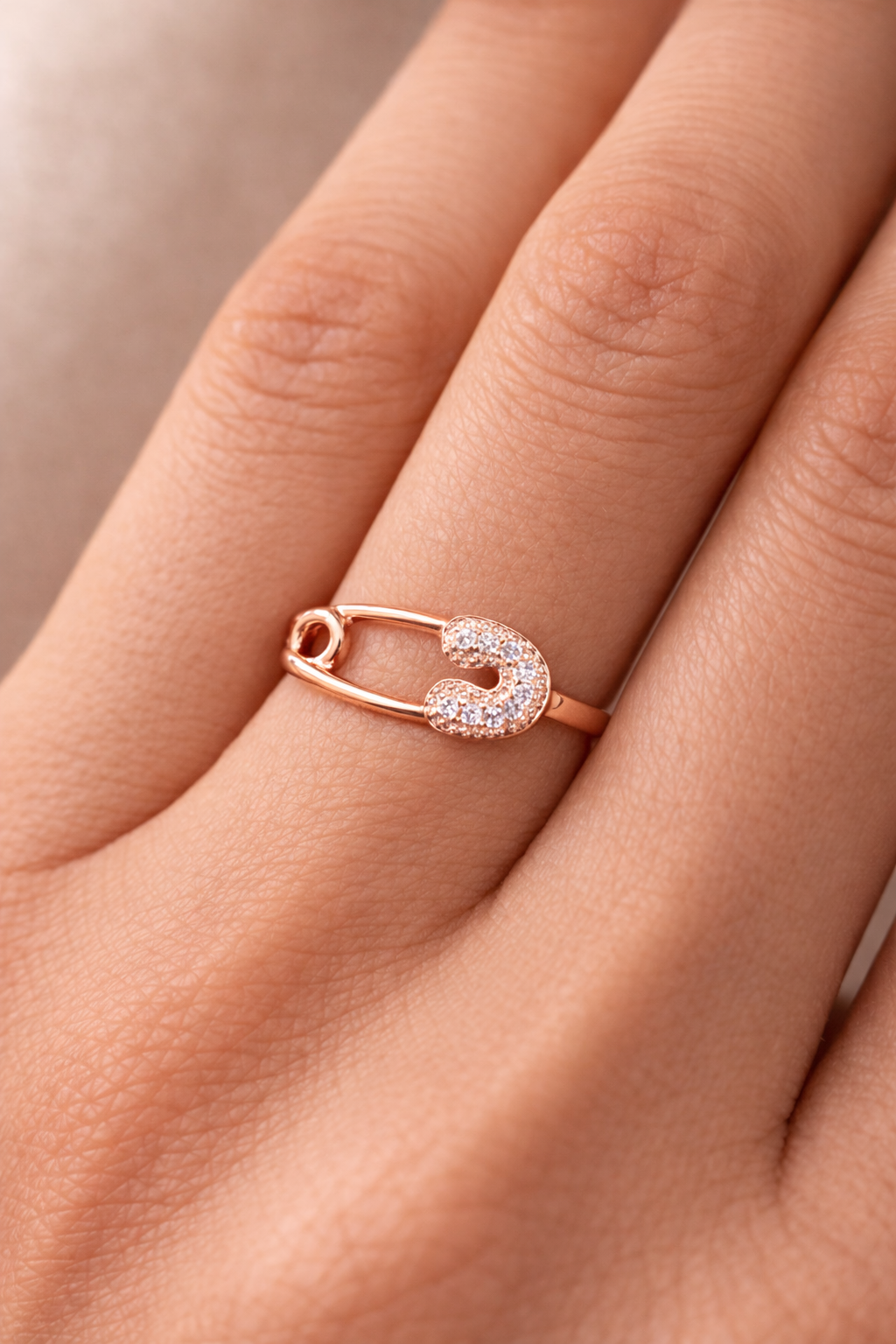 Astria Jewellery Rose Gold-Plated Safety Pin Ring with CZ – Adjustable Trendy Ring for Women Astria Jewellery