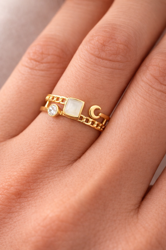 Gold-Plated Adjustable Open Ring for Women – Chain Link Design with CZ Stone | Trendy Statement Fashion Ring for Daily & Party Wear Astria Jewellery