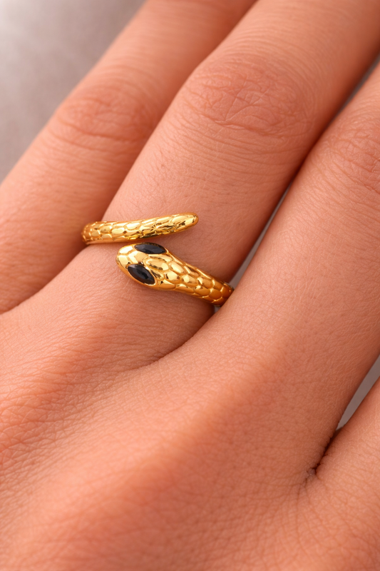 Gold Plated Snake Design Ring for Women | Adjustable Serpent Wrap Ring with Black Stone | Statement Fashion Jewellery Astria Jewellery