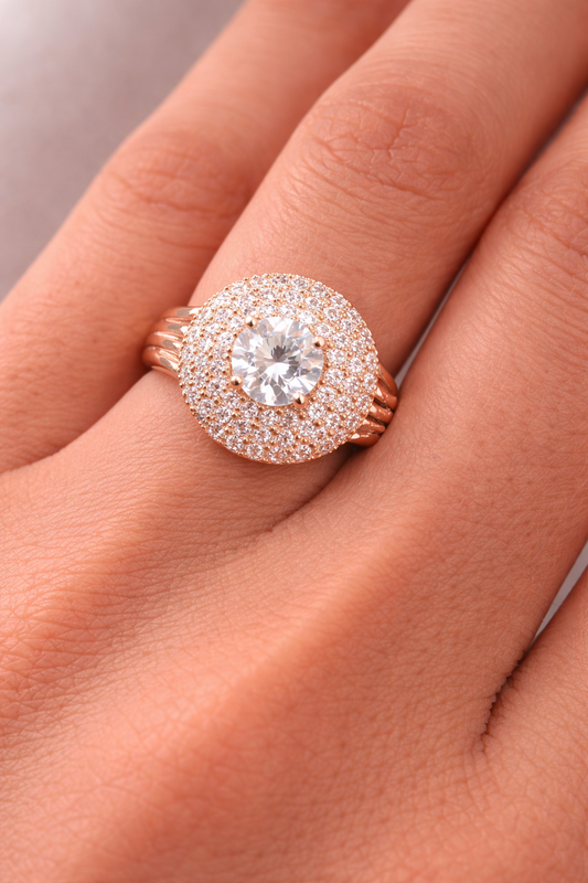 Gold Plated Crystal Statement Ring for Women | Round Halo Design Cubic Zirconia Ring | Luxury Party & Wedding Wear Ring Astria Jewellery