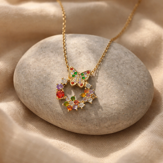 Gold Plated Multicolor Butterfly Wreath Pendant Necklace For Women Astria Jewellery