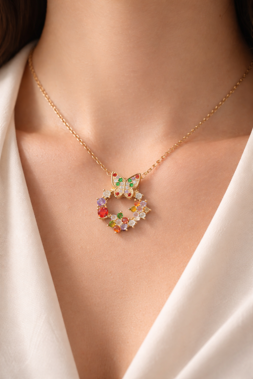 Gold Plated Multicolor Butterfly Wreath Pendant Necklace For Women Astria Jewellery