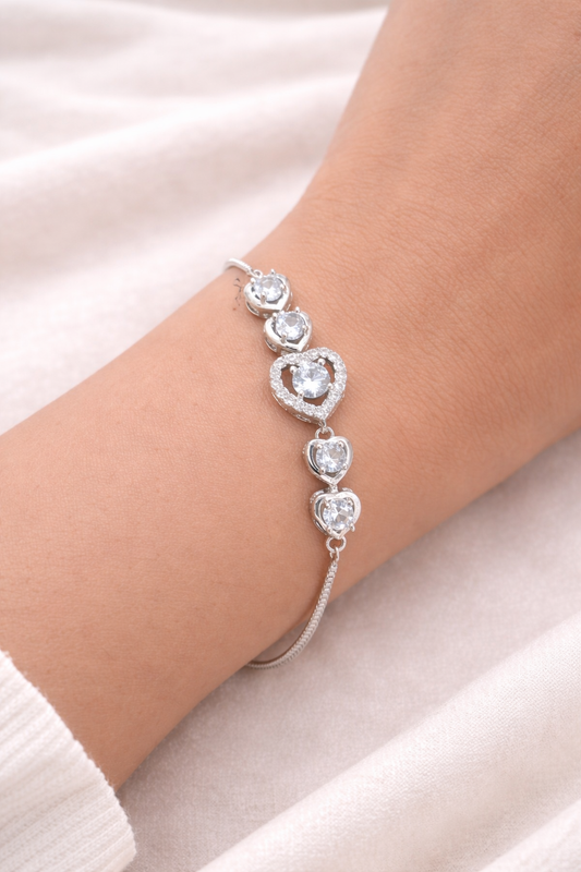 Astria Jewellery Silver Plated Heart Crystal Bracelet for Women | Zircon Studded Love Charm Chain | Elegant Daily & Party Wear Jewellery Astria Jewellery