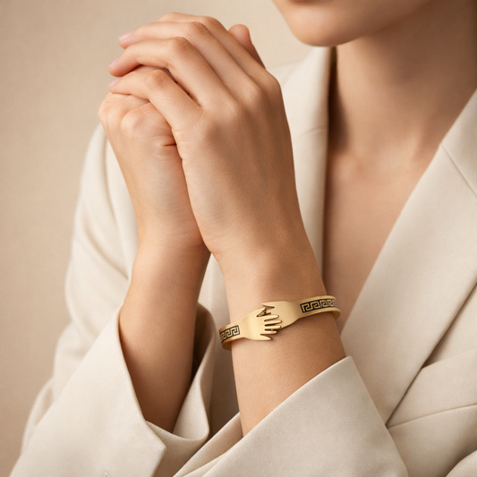 Astria Jewellery Gold Plated Hand Cuff Bracelet for Women | Designer Hug Bangle with Black Enamel Detail | Luxury Statement Jewellery Astria Jewellery