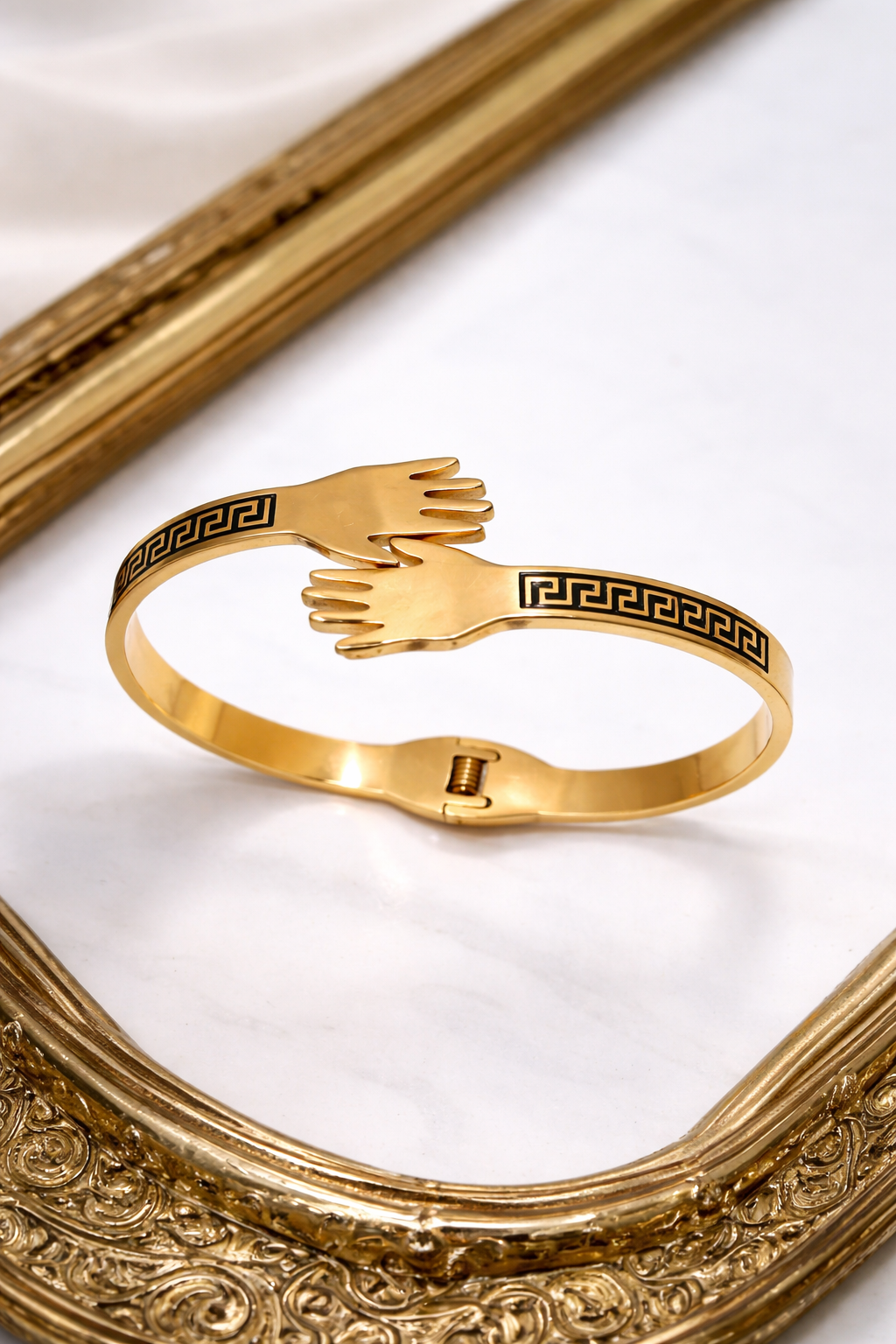 Astria Jewellery Gold Plated Hand Cuff Bracelet for Women | Designer Hug Bangle with Black Enamel Detail | Luxury Statement Jewellery Astria Jewellery