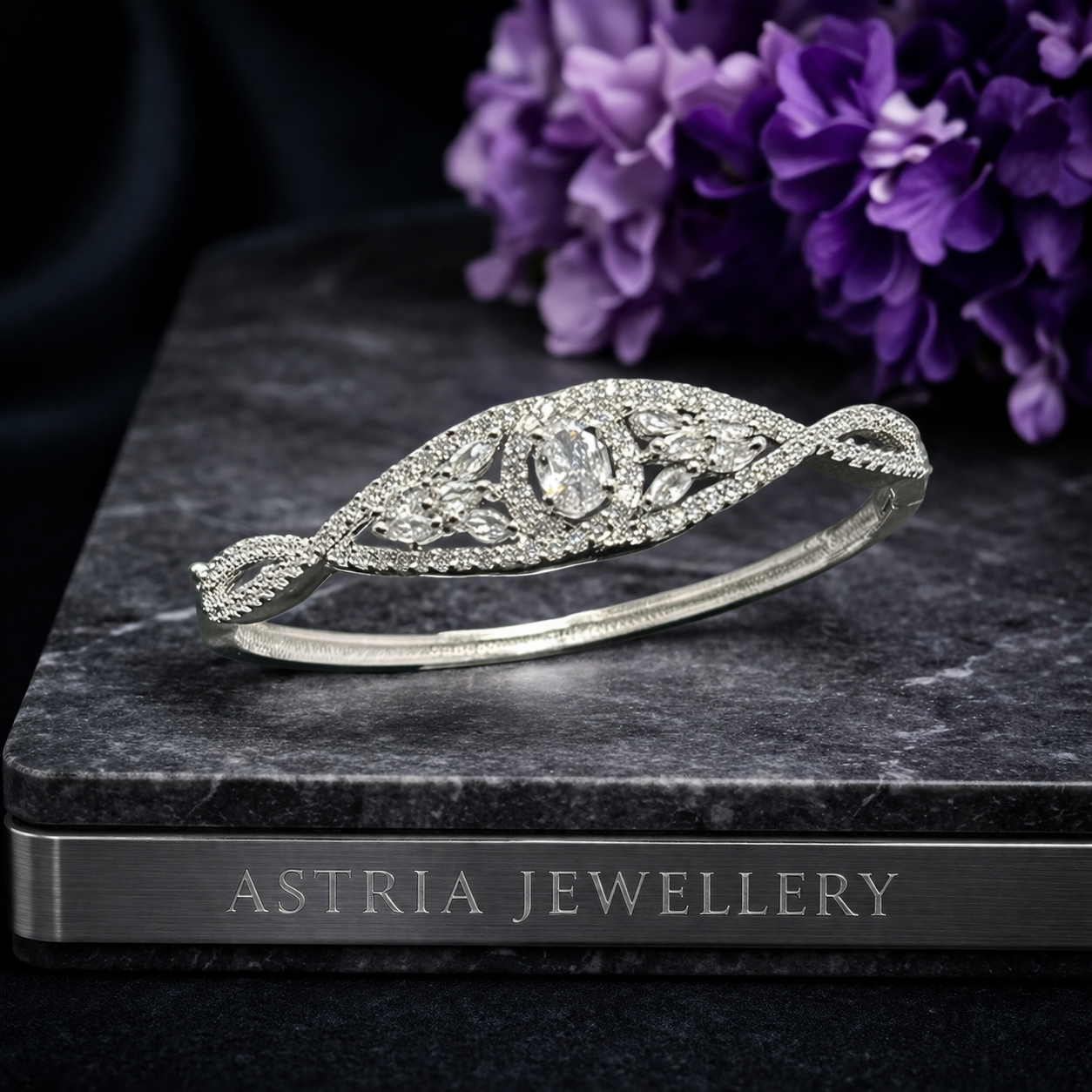 Astria Jewellery Silver Plated Vintage Zircon Cuff Bracelet for Women | Elegant Floral Filigree Design Bangle | Luxury Party Wear Jewellery Astria Jewellery