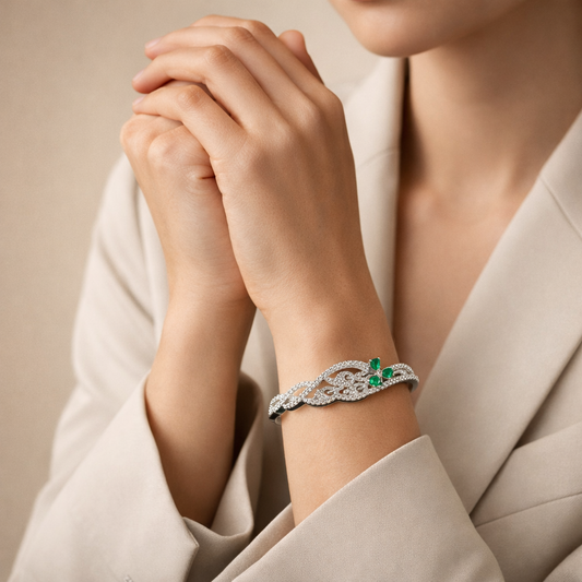 Astria Jewellery Silver Plated Green Stone Zircon Bracelet for Women | Elegant Floral Vine Design Cuff Bangle | Party & Wedding Wear Jewellery Astria Jewellery