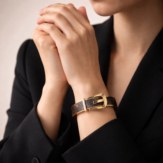 Astria Jewellery Gold Plated Belt Design Bracelet for Women | Designer Buckle Cuff Bangle with Textured Pattern | Luxury Statement Jewellery Astria Jewellery